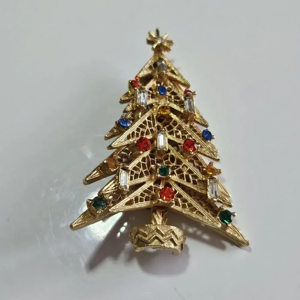 Vintage Art Gold Tone Christmas Tree Brooch Lace Candles Signed Book Piece MCM